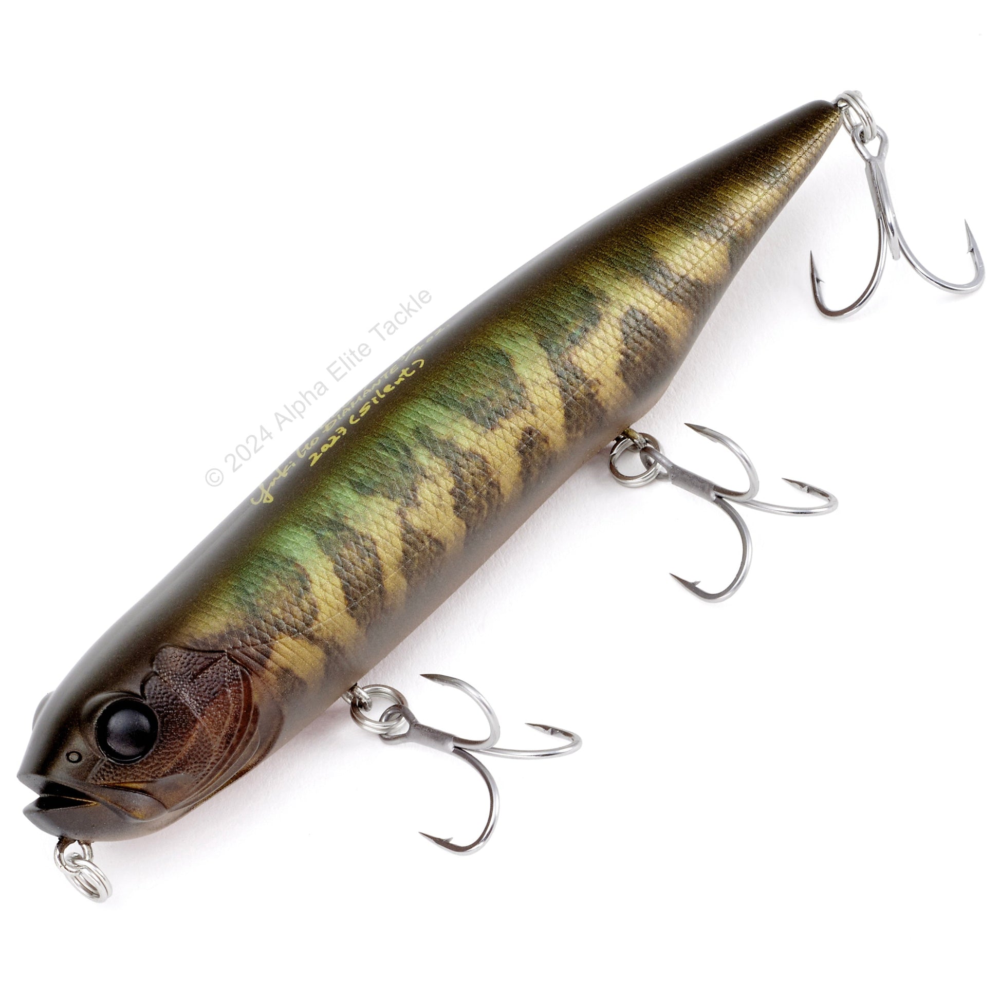 Close up of the Megabass Dog-X Diamante Topwater in the color FA Raigyo on a white background