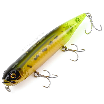 Close up of the Megabass Dog-X Diamante Topwater in the color Frog-CCT on a white background