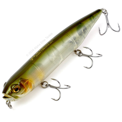 Close up of the Megabass Dog-X Diamante Topwater in the color PM Waka Ayu on a white background