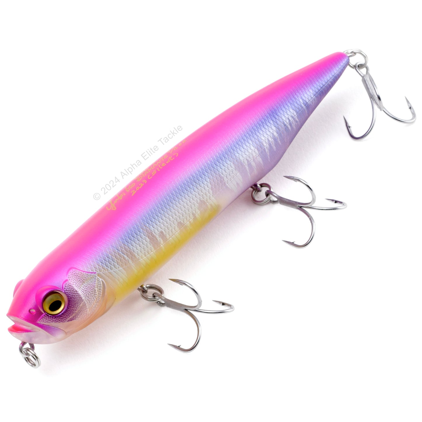 Close up of the Megabass Dog-X Diamante Topwater in the color Pink Back Frozen Hasu on a white background