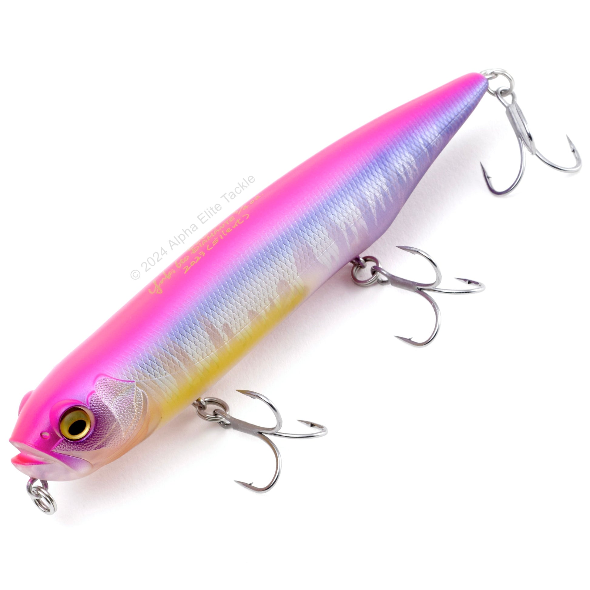 Close up of the Megabass Dog-X Diamante Topwater in the color Pink Back Frozen Hasu on a white background