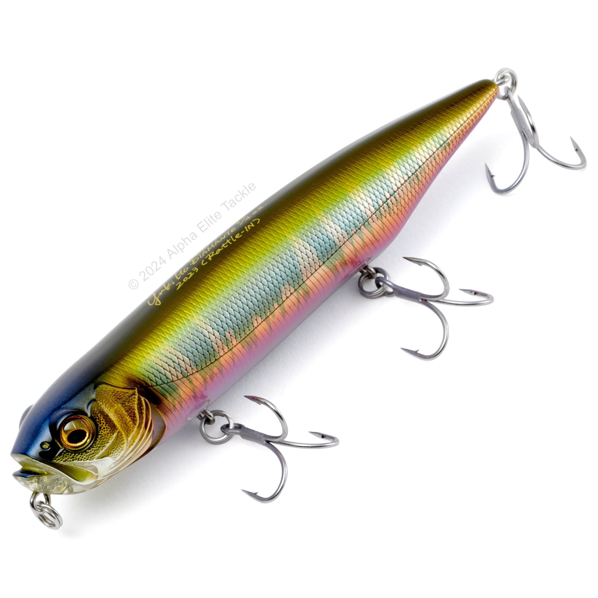 Close up of the Megabass Dog-X Diamante Topwater in the color Wagin Oikawa on a white background