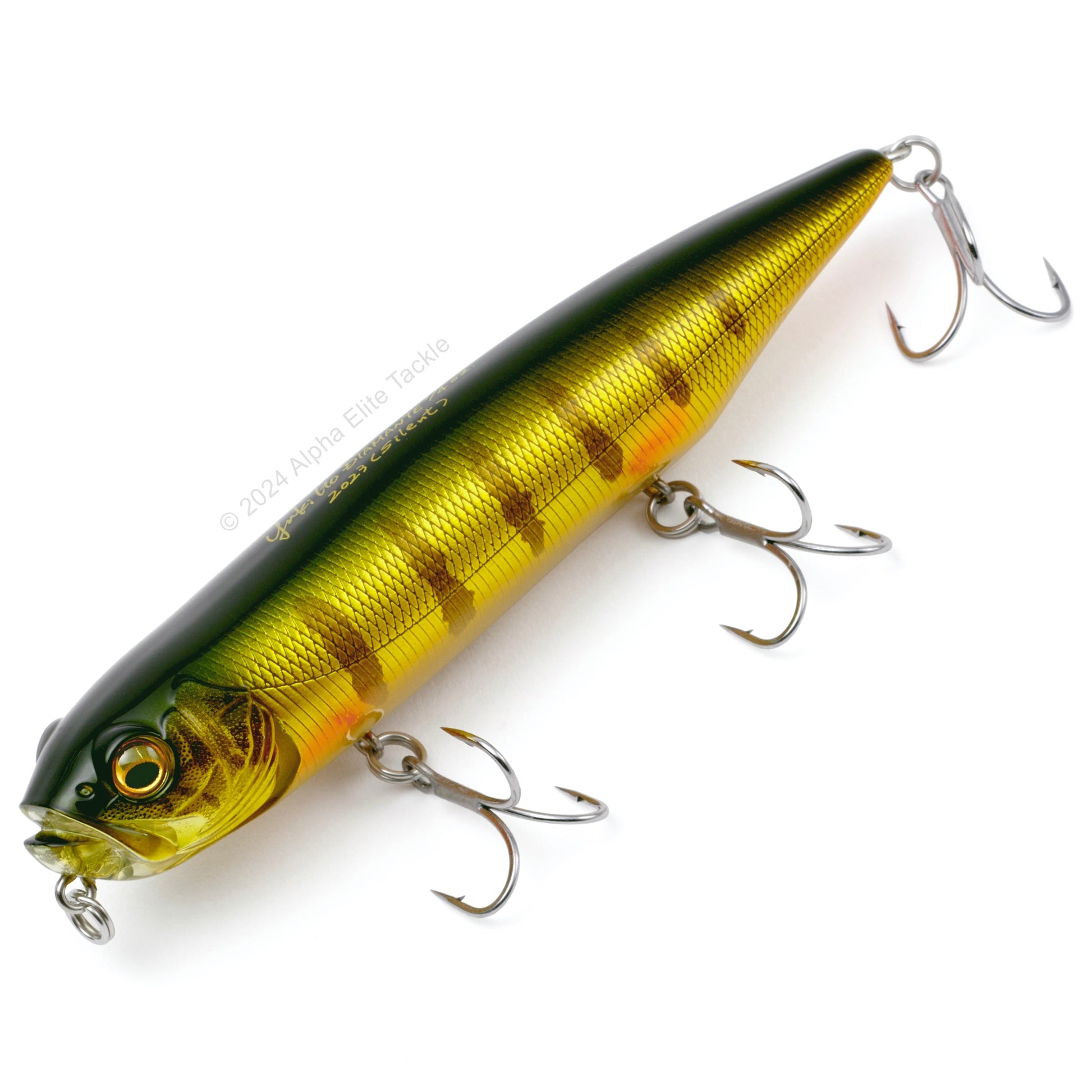 Close up of the Megabass Dog-X Diamante Topwater in the color Wagin Peacoct on a white background