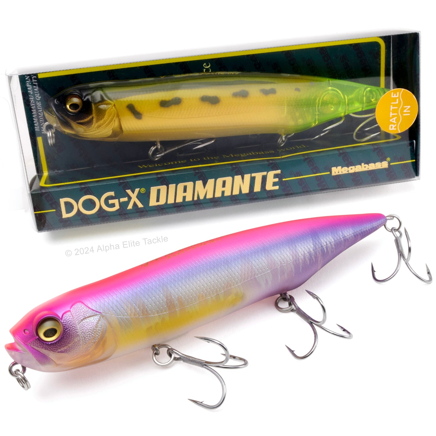 Close up of two Megabass Dog-X Diamante Topwaters on a white background