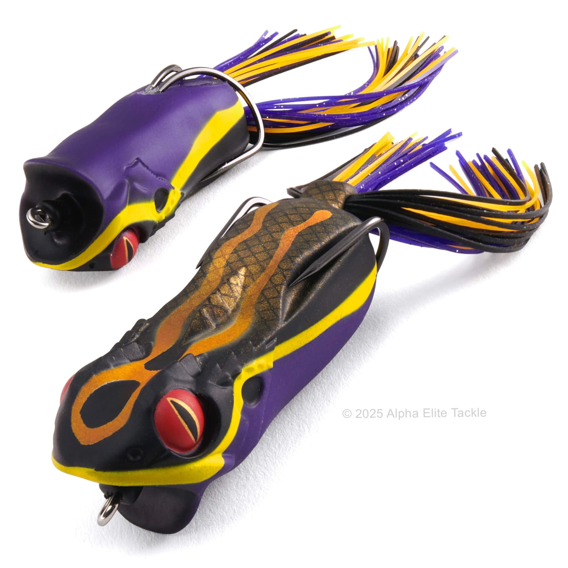 Close up of the Megabass Gabarin Hollow Body Popping Frog in the color Amazon Yadoku on a white background