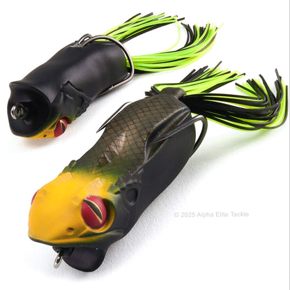 Close up of the Megabass Gabarin Hollow Body Popping Frog in the color Chart Head on a white background
