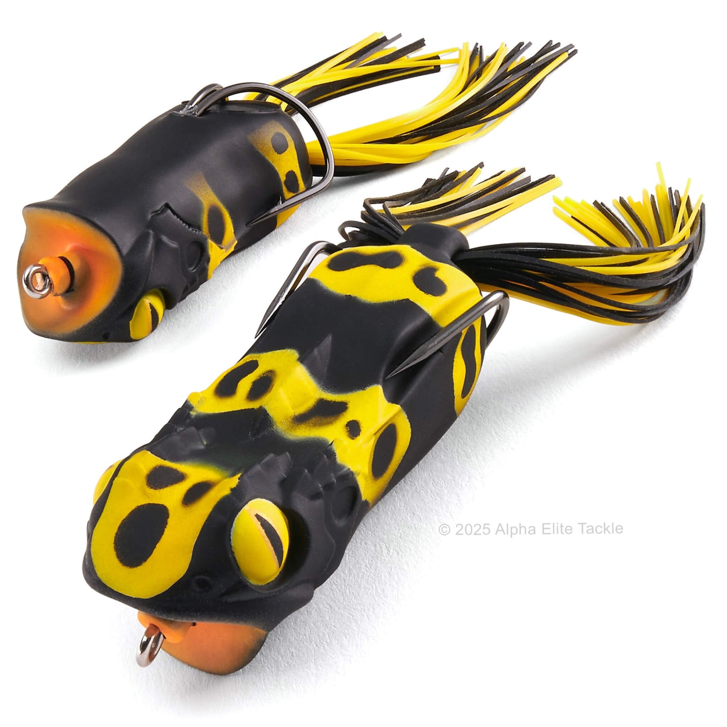 Close up of the Megabass Gabarin Hollow Body Popping Frog in the color Kiobi Yadoku on a white background