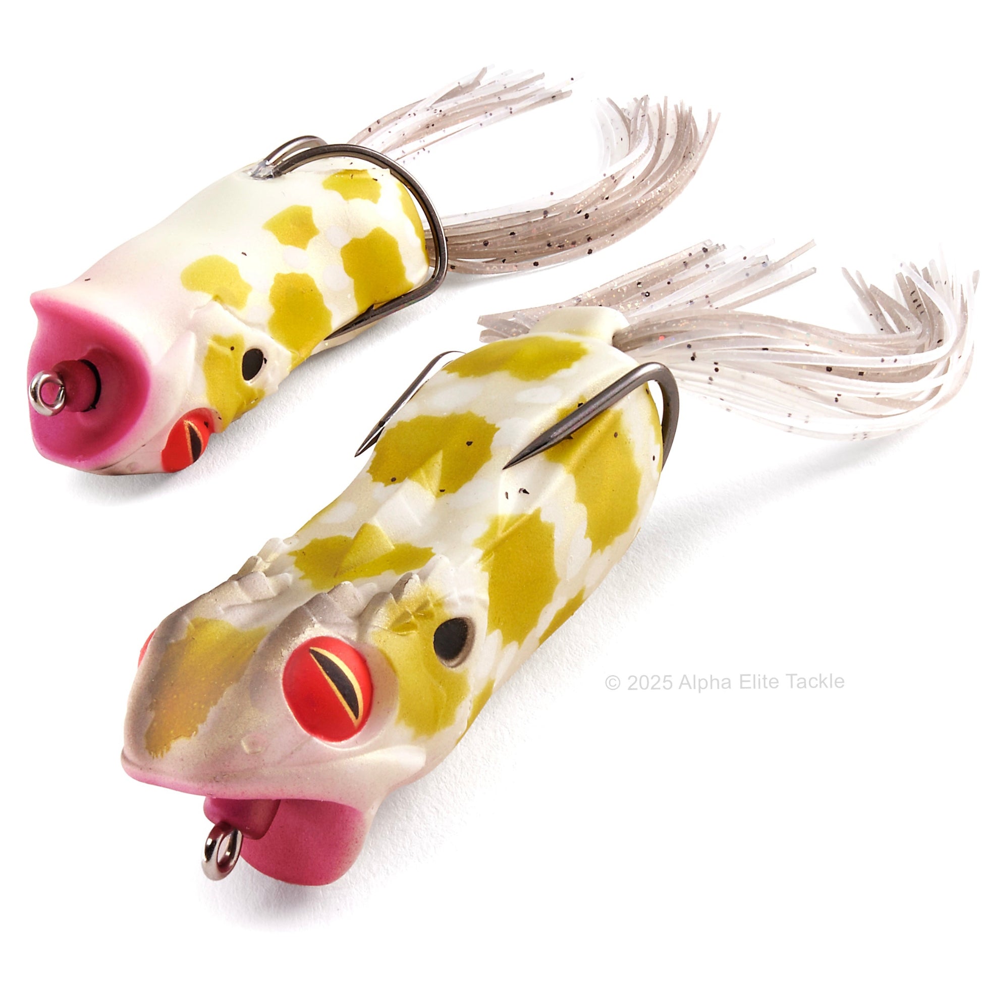 Close up of the Megabass Gabarin Hollow Body Popping Frog in the color White Python on a white background