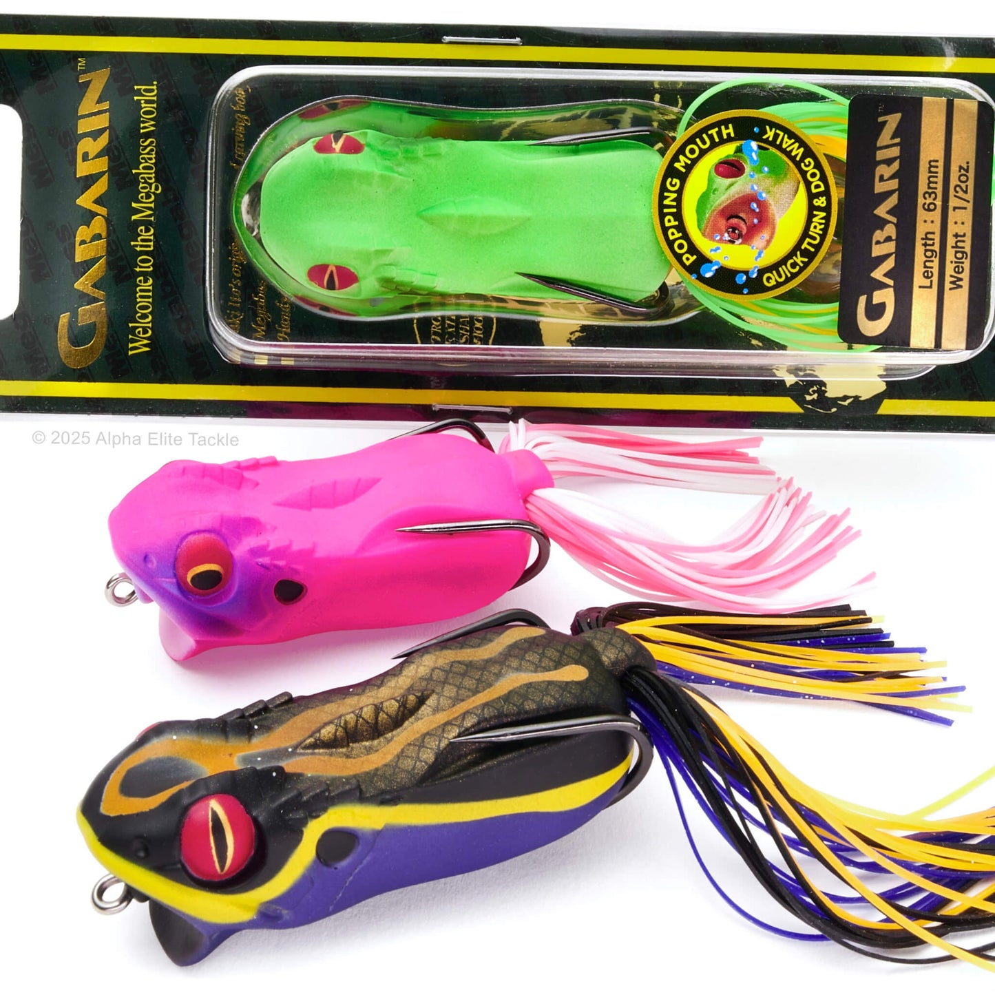 One Megabass Gabarin Hollow Body Popping Frog in a package and two out of package on a white background