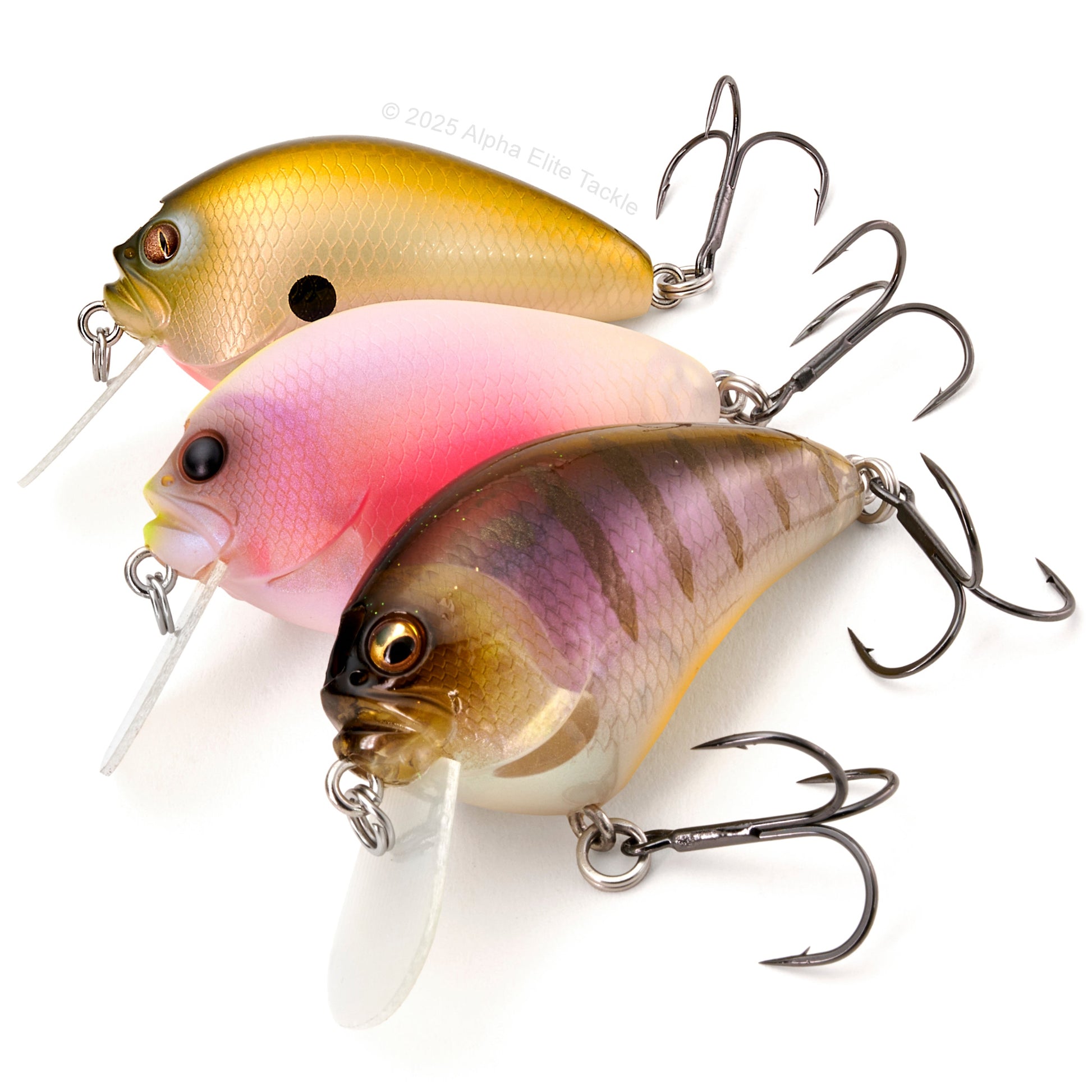 Close up of three Megabass IxI Blowly Crankbait fishing lures on a white background