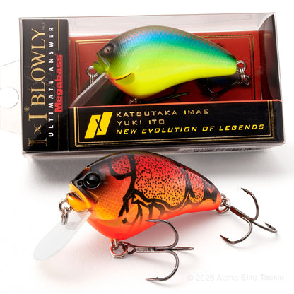 Close up of two Megabass IxI Blowly Crankbait fishing lures on a white background