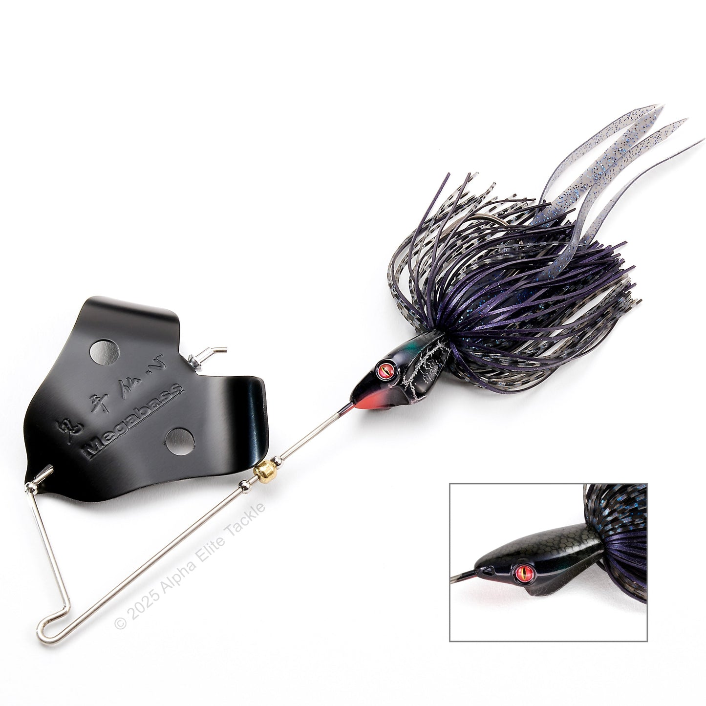 Close up of the Megabass Jamaica Boa Buzzbait in the color Black Mamba on white background