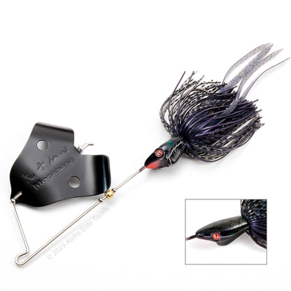 Close up of the Megabass Jamaica Boa Buzzbait in the color Black Mamba on white background