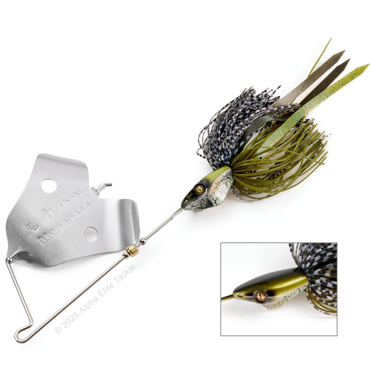 Close up of the Megabass Jamaica Boa Buzzbait in the color Blue Gill on white background