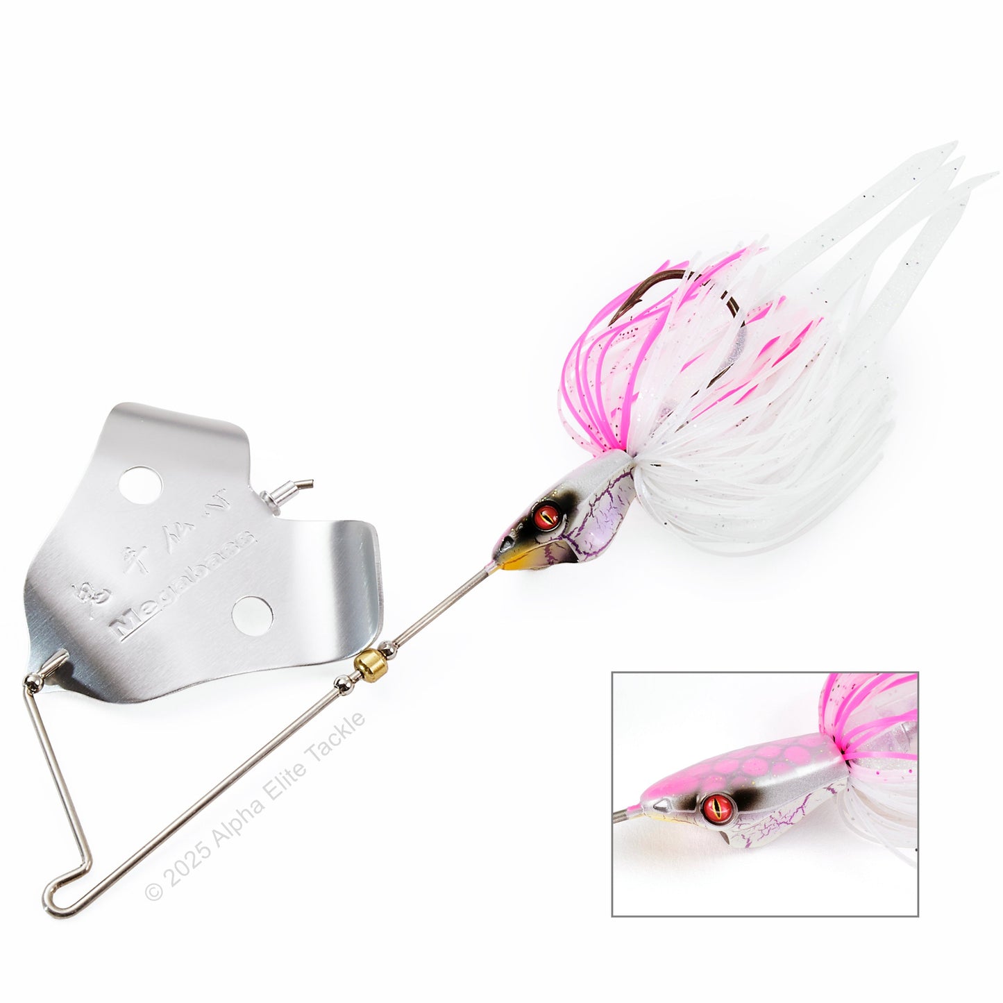 Close up of the Megabass Jamaica Boa Buzzbait in the color Candy Viper on white background