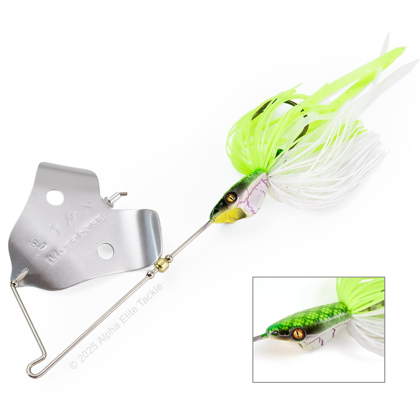 Close up of the Megabass Jamaica Boa Buzzbait in the color Chart Viper on white background