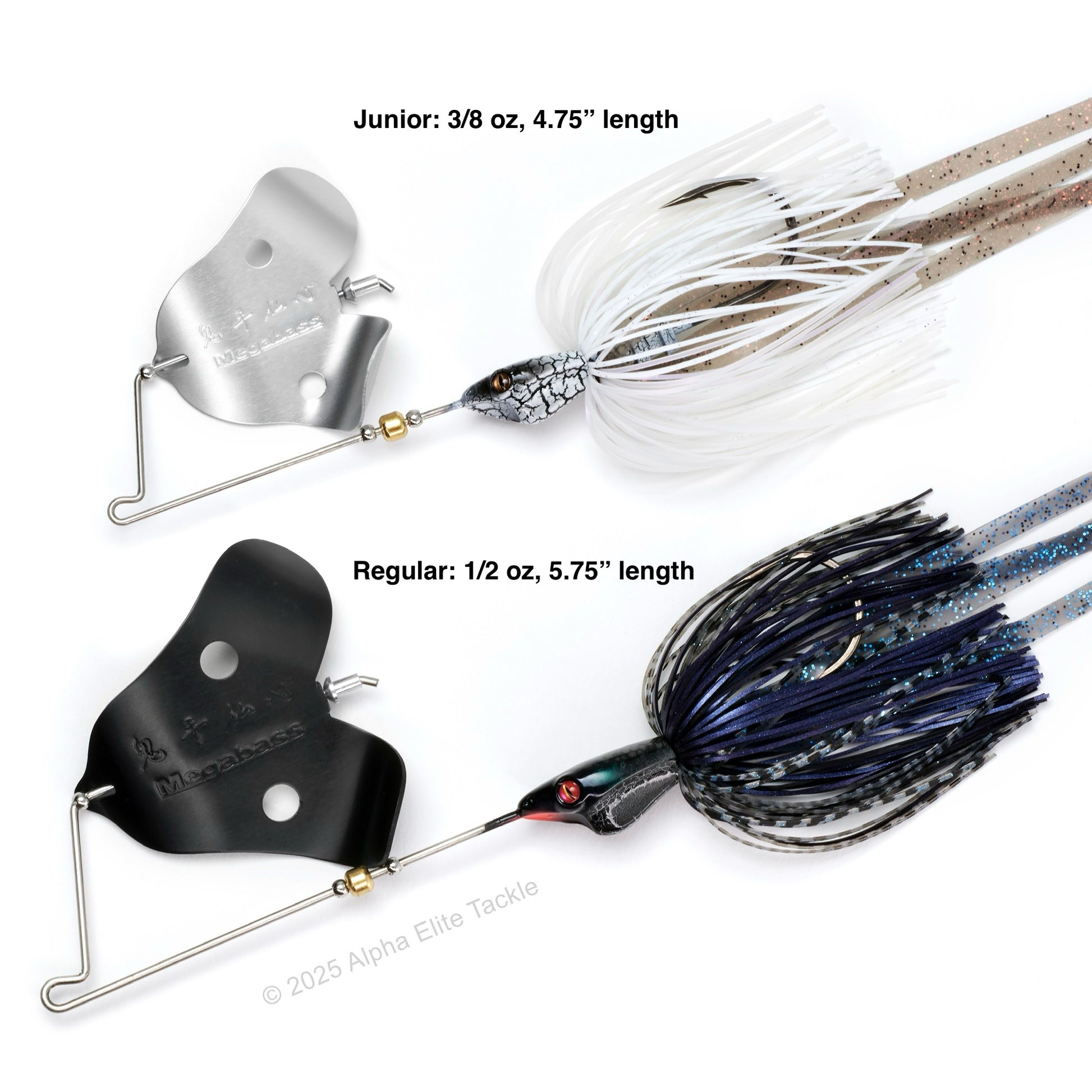 Close up of two Megabass Jamaica Boa Buzzbait out of the package on white background