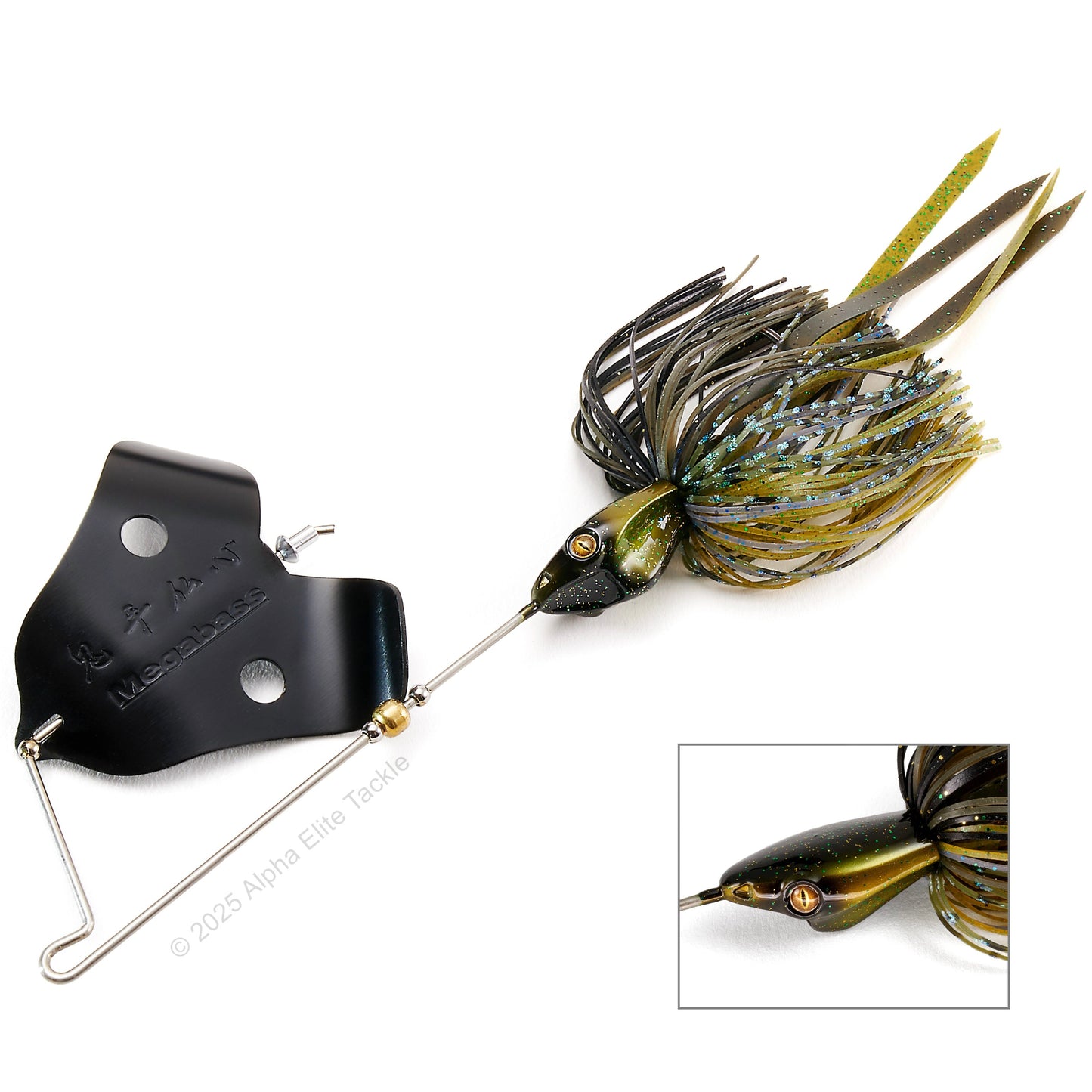 Close up of the Megabass Jamaica Boa Buzzbait in the color Green Pumpkin on white background