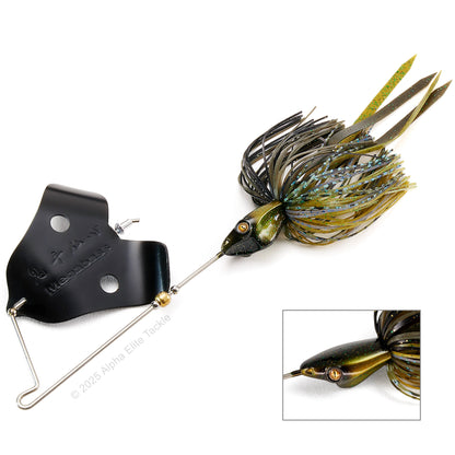 Close up of the Megabass Jamaica Boa Buzzbait in the color Green Pumpkin on white background