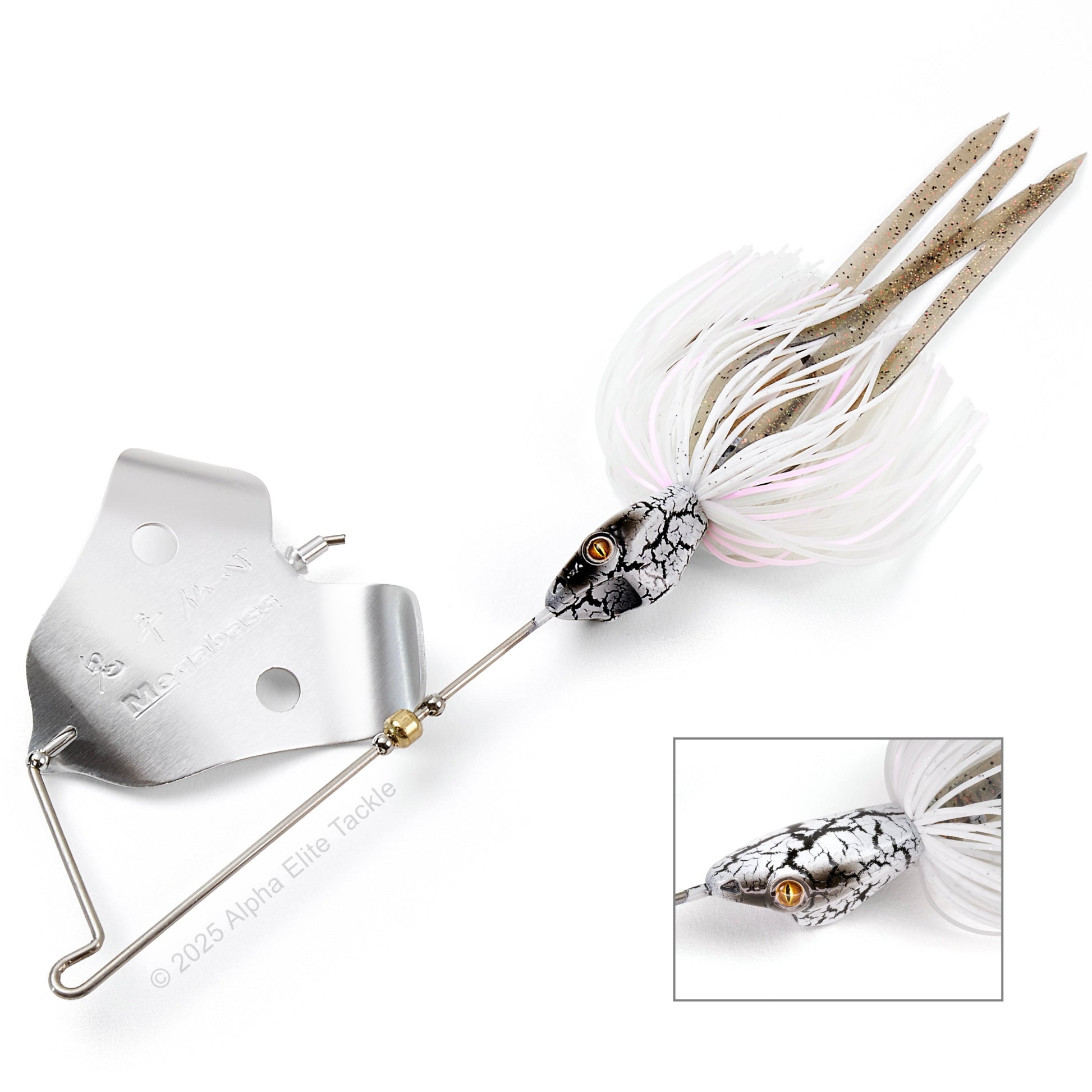 Close up of the Megabass Jamaica Boa Buzzbait in the color White Python on white background