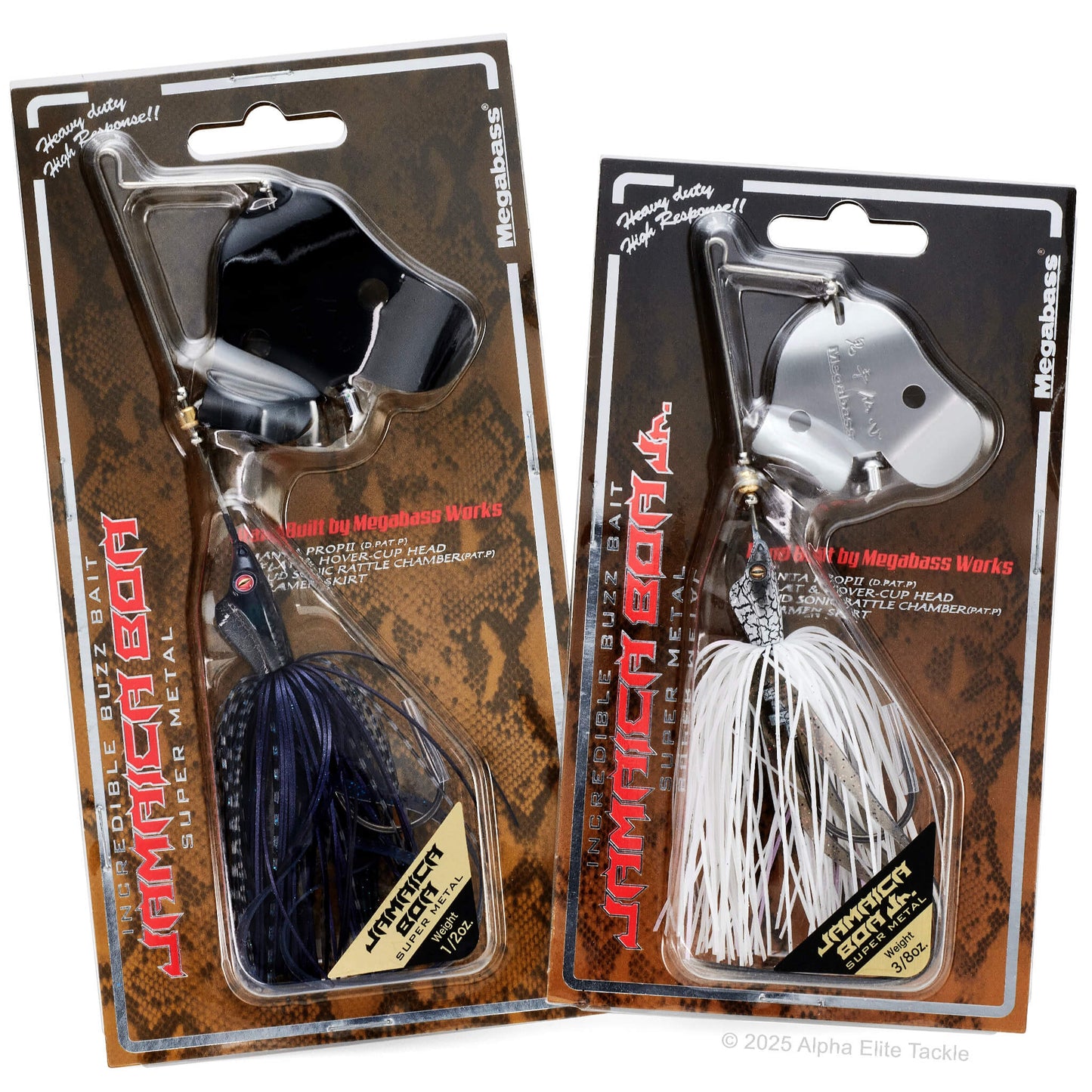 Two packages of the Megabass Jamaica Boa Buzzbait on a white background.