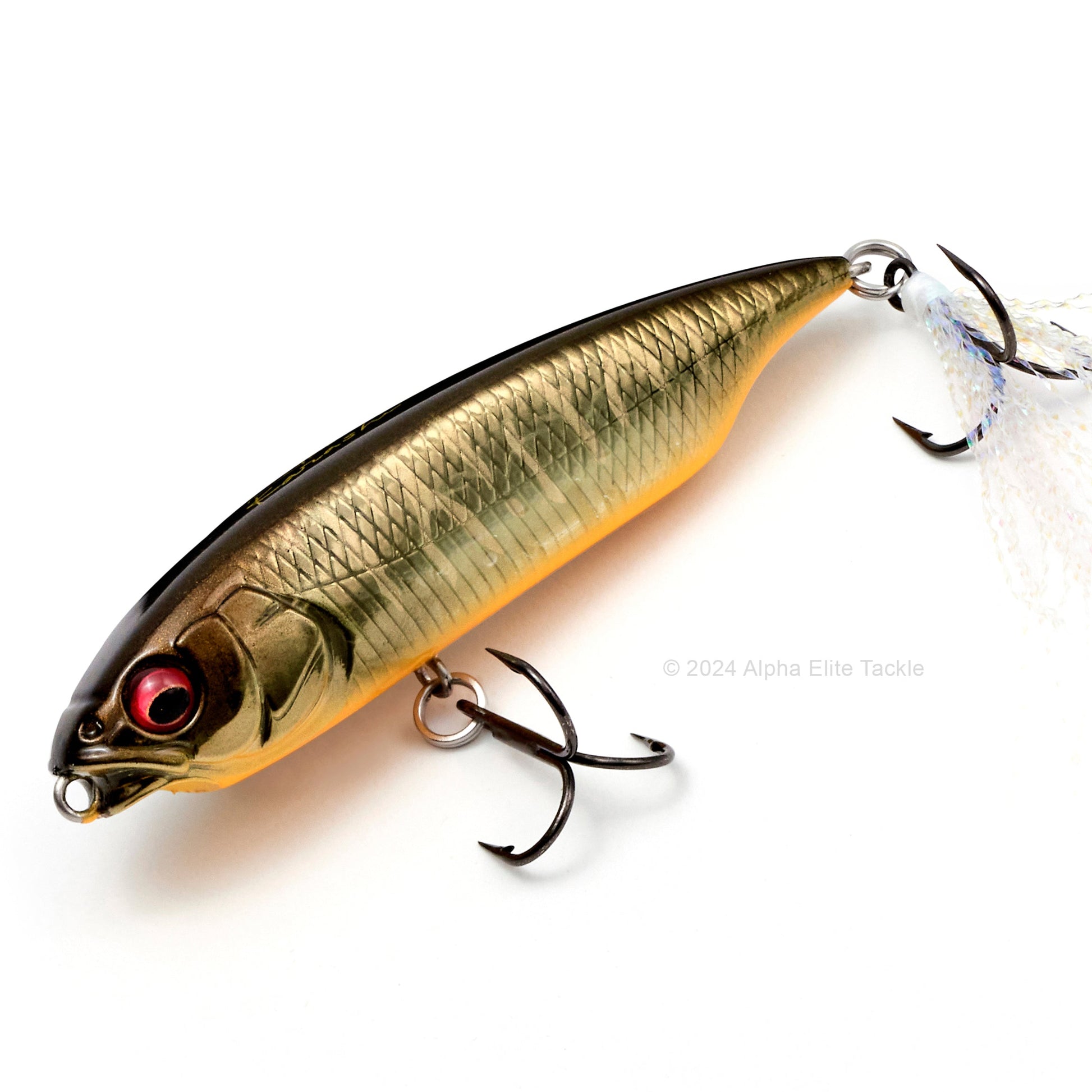 Megabass Karashi Twitch Bait in the color MG Tora Kinkuro on a white background