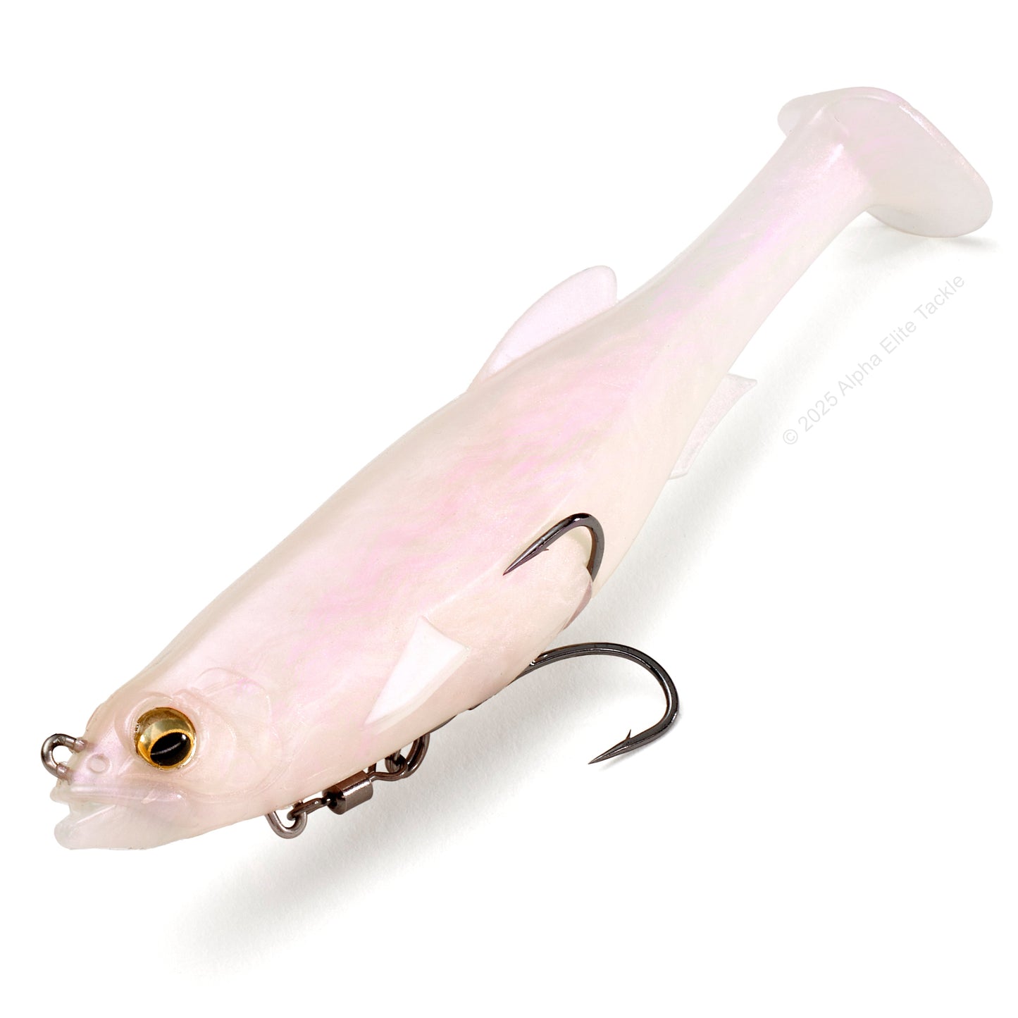 Close up of the Megabass Magdraft in the color Albino Pearl Shad on a white background