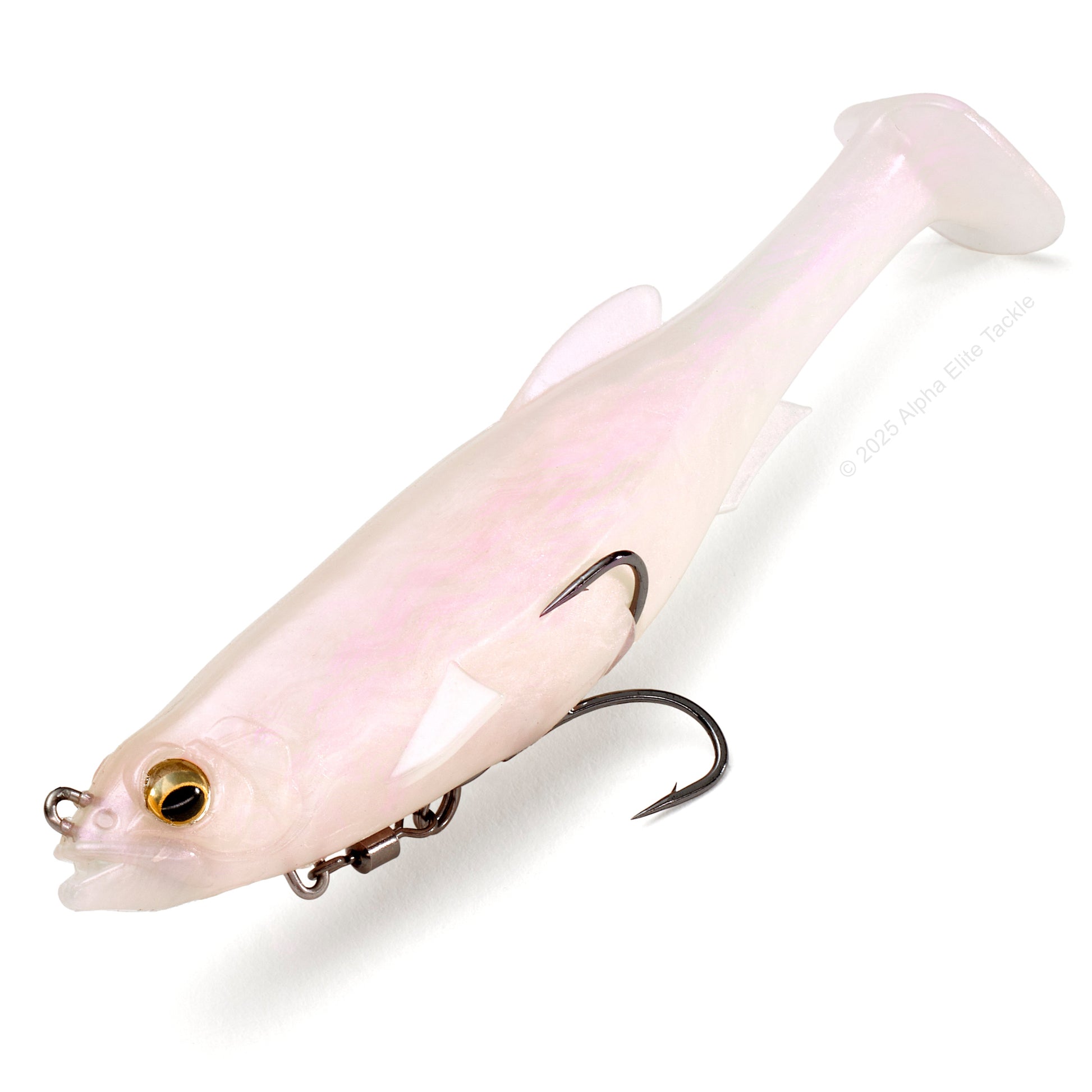 Close up of the Megabass Magdraft in the color Albino Pearl Shad on a white background