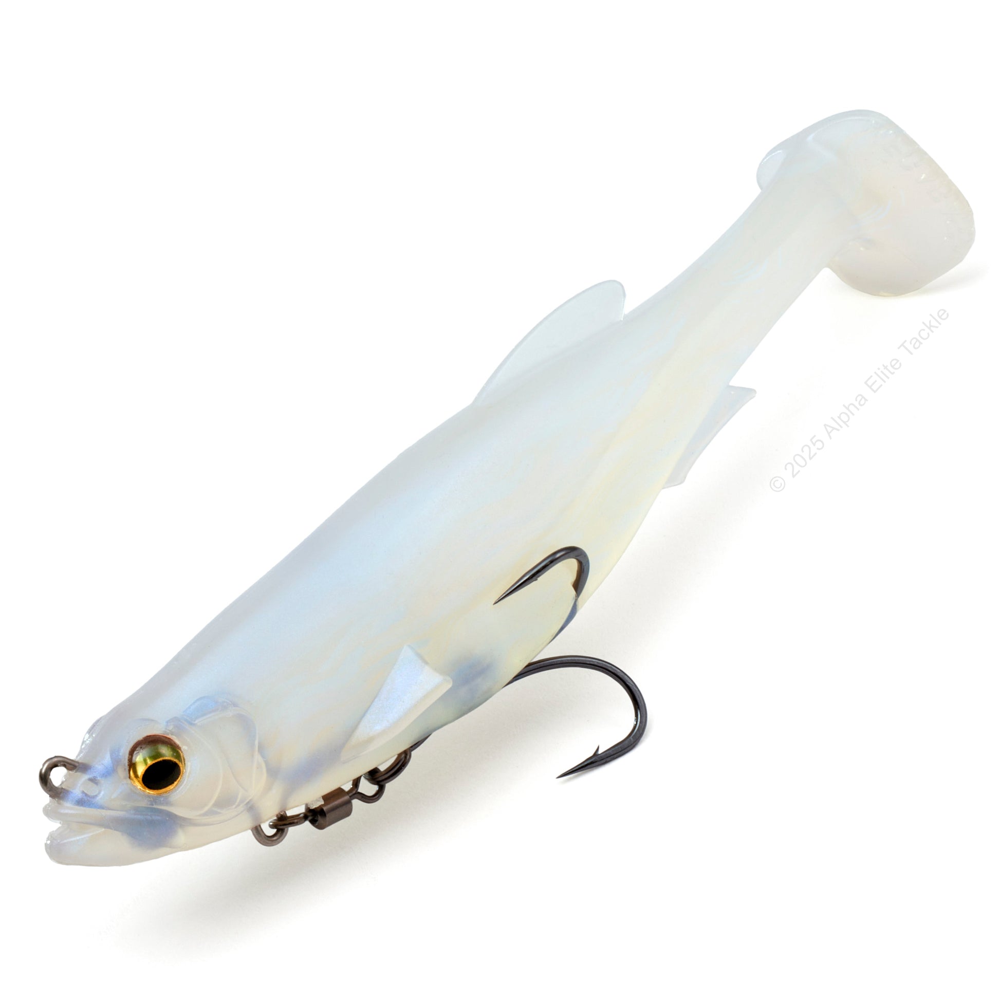 Close up of the Megabass Magdraft in the color Aurora Shad on a white background