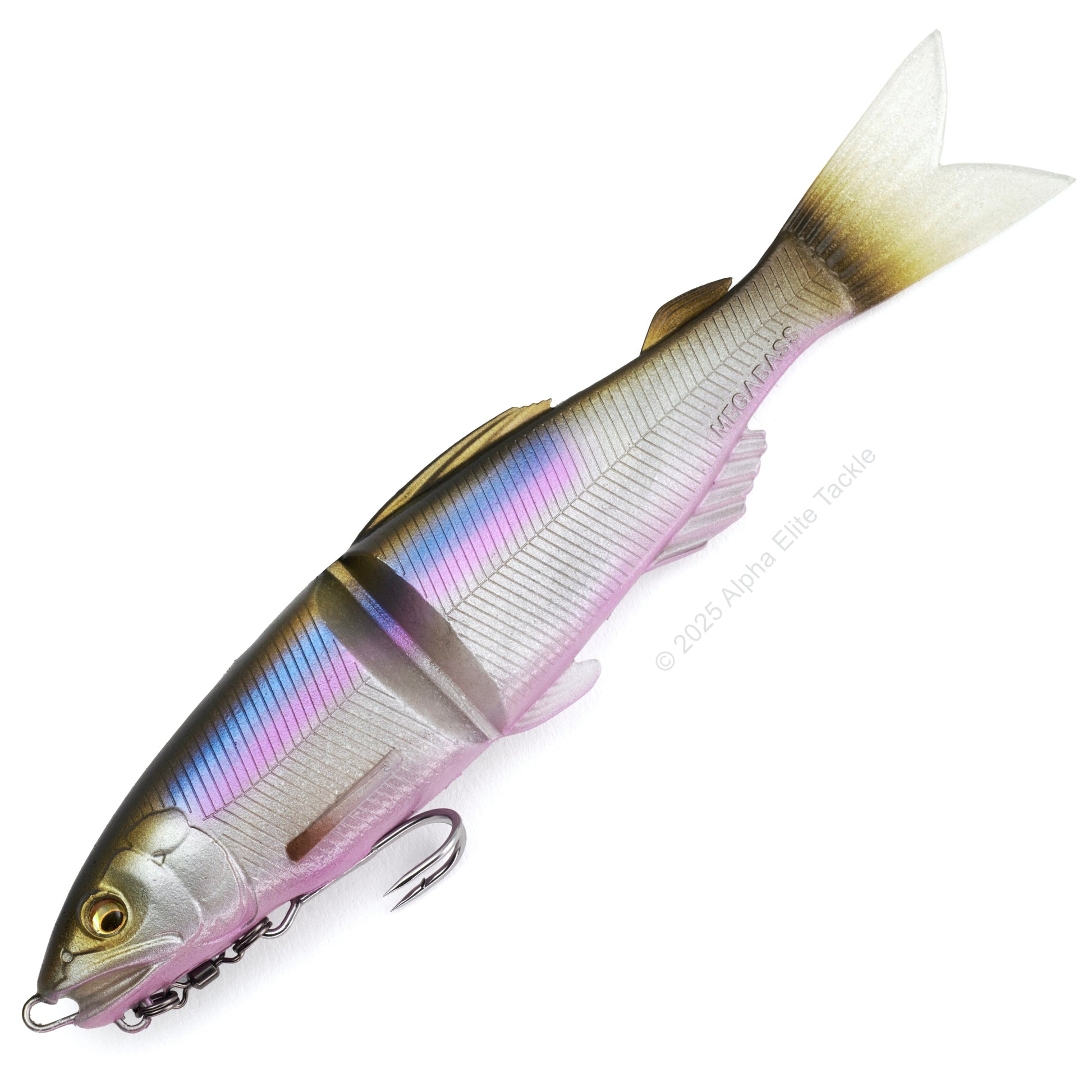 Close up of the Megabass Magdraft Ayu Twitcher in the color Blue Shad 2 on a white background