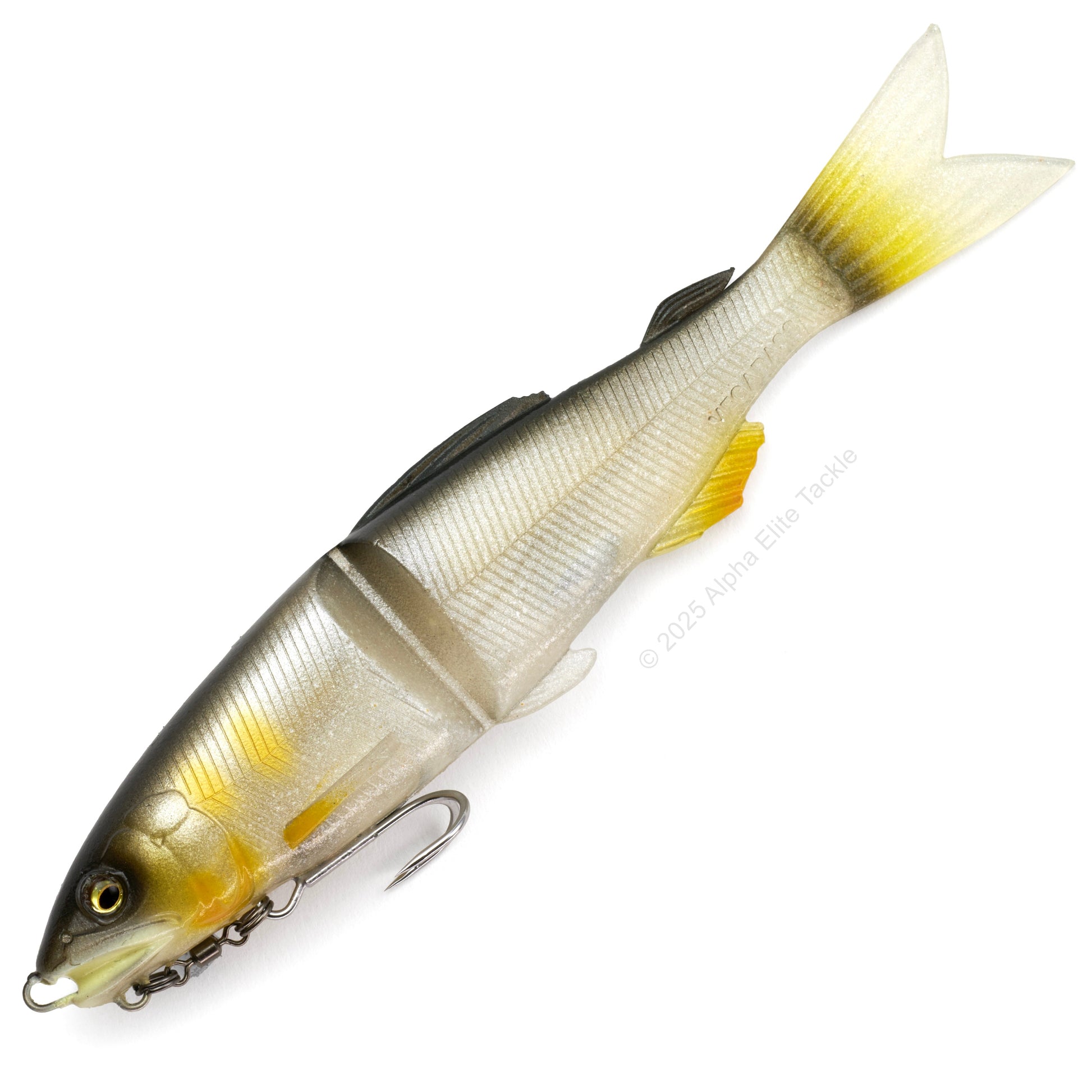Close up of the Megabass Magdraft Ayu Twitcher in the color Brilliant Ayu on a white background