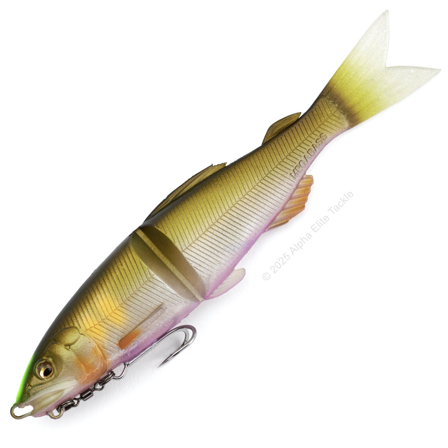 Close up of the Megabass Magdraft Ayu Twitcher in the color Indicator Ayu on a white background