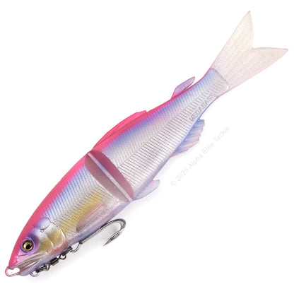 Close up of the Megabass Magdraft Ayu Twitcher in the color PInk Back Galaxy on a white background