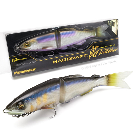 Close up of two Megabass Magdraft Ayu Twitchers with packaging on a white background