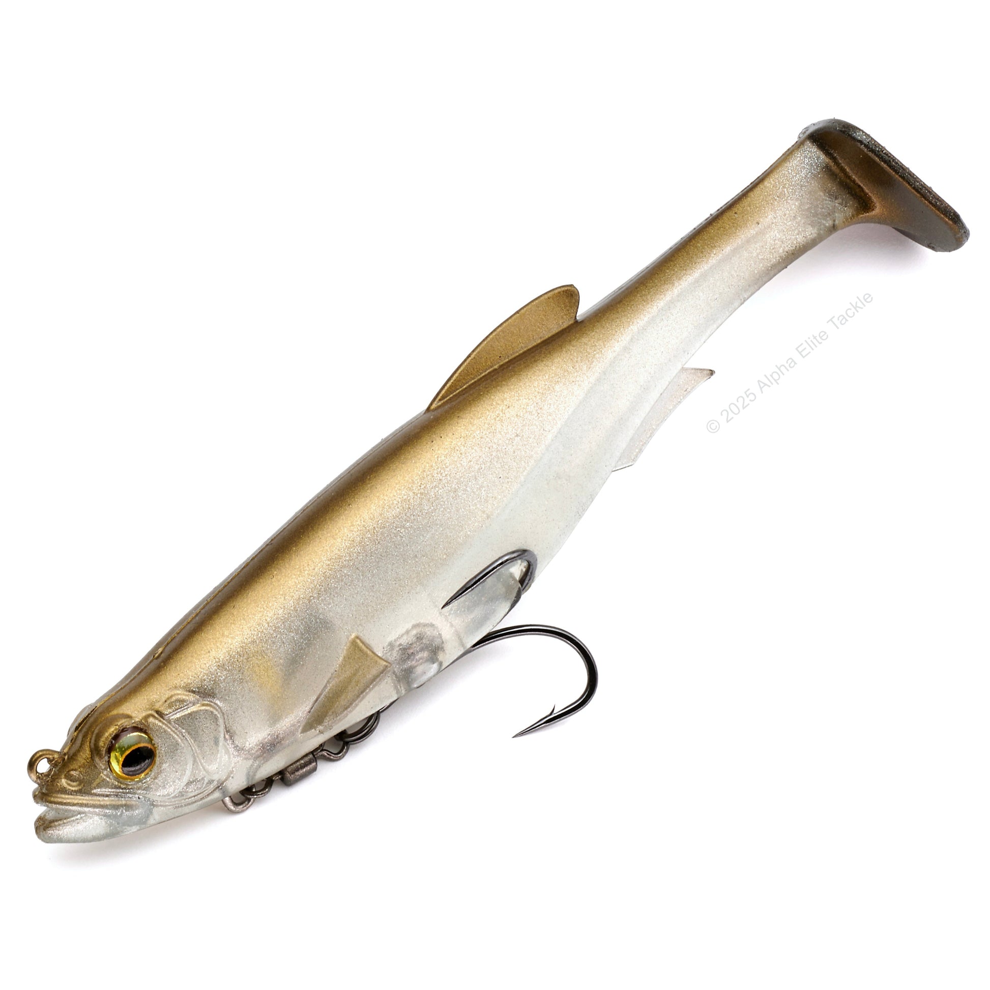 Close up of the Megabass Magdraft in the color Ayu on a white background