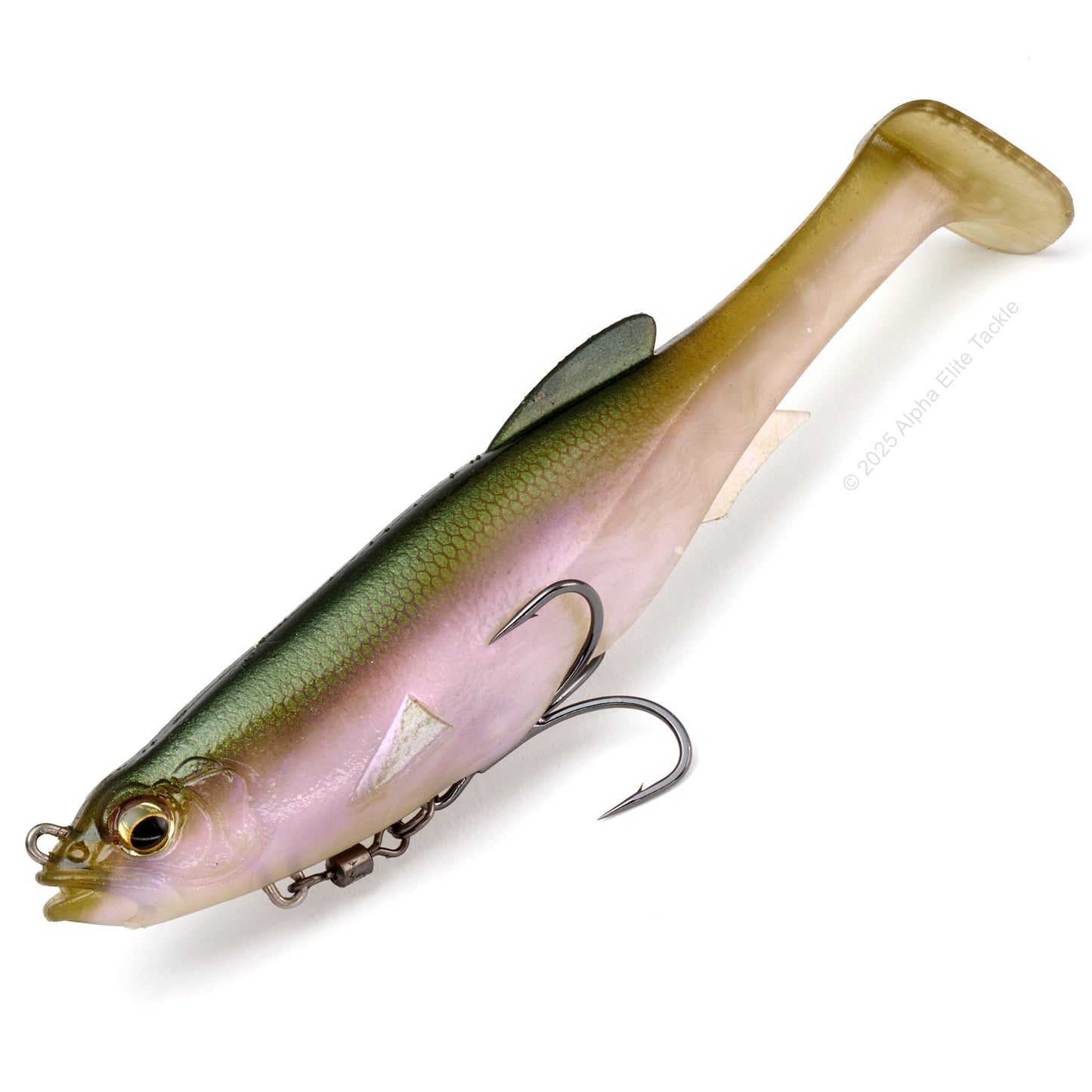 Close up of the Megabass Magdraft in the color Borealis Shad on a white background