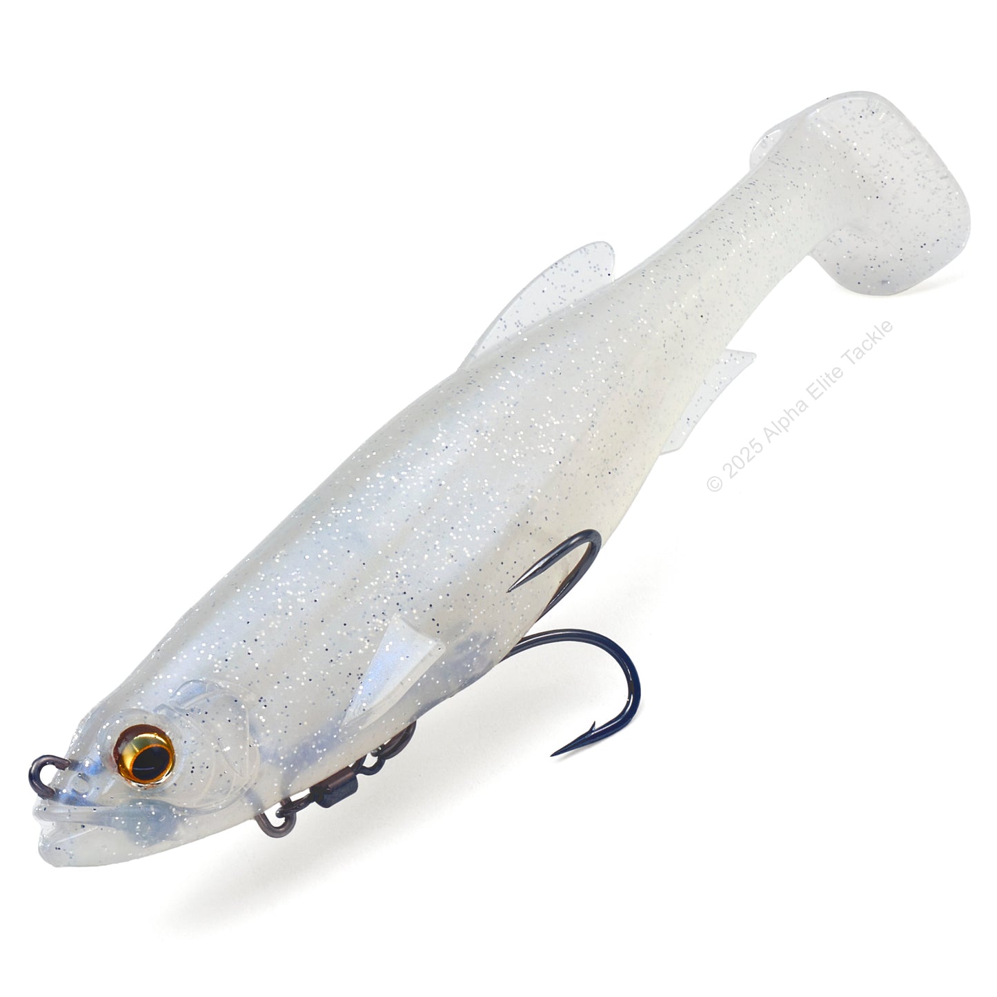 Close up of the Megabass Magdraft in the color Ghost Shad Solid on a white background