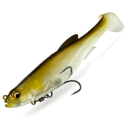Close up of the Megabass Magdraft in the color Kisyu Ayu on a white background