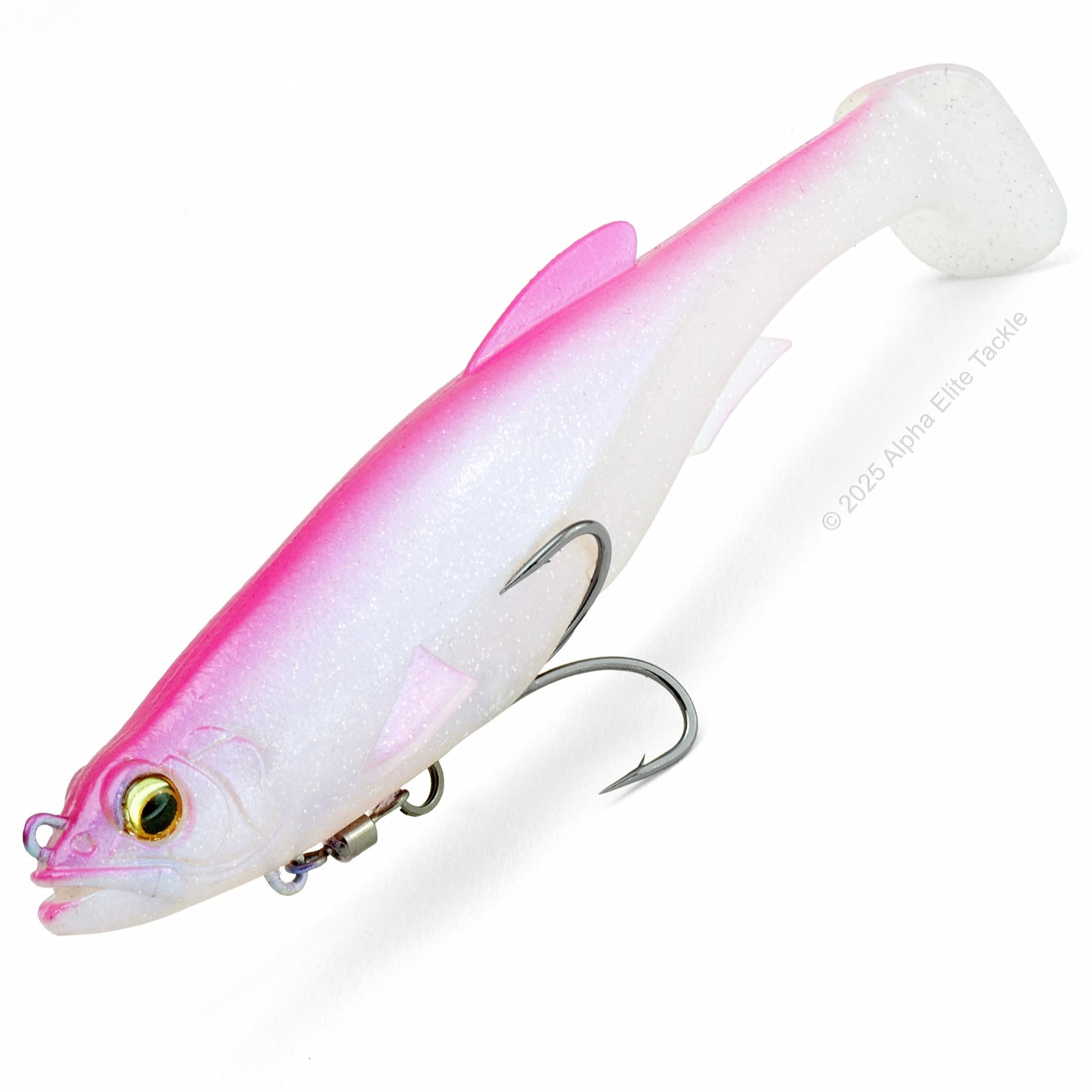Close up of the Megabass Magdraft in the color Pink Back Shad on a white background