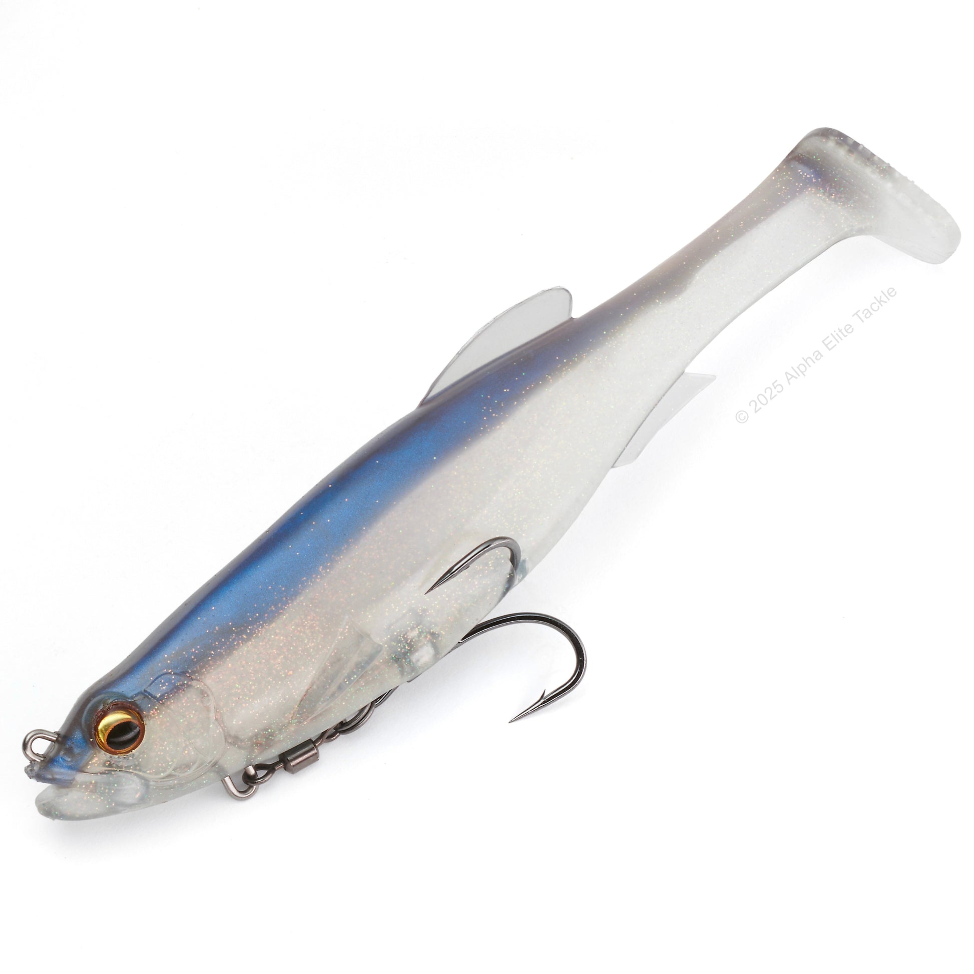 Close up of the Megabass Magdraft in the color Pro Blue Shad on a white background