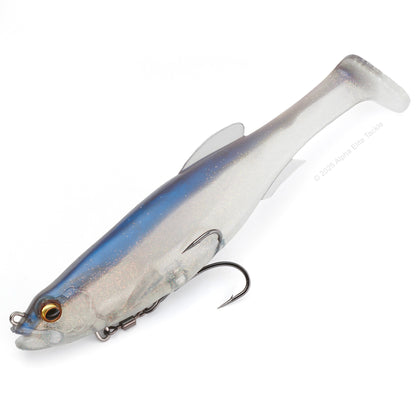 Close up of the Megabass Magdraft in the color Pro Blue Shad on a white background