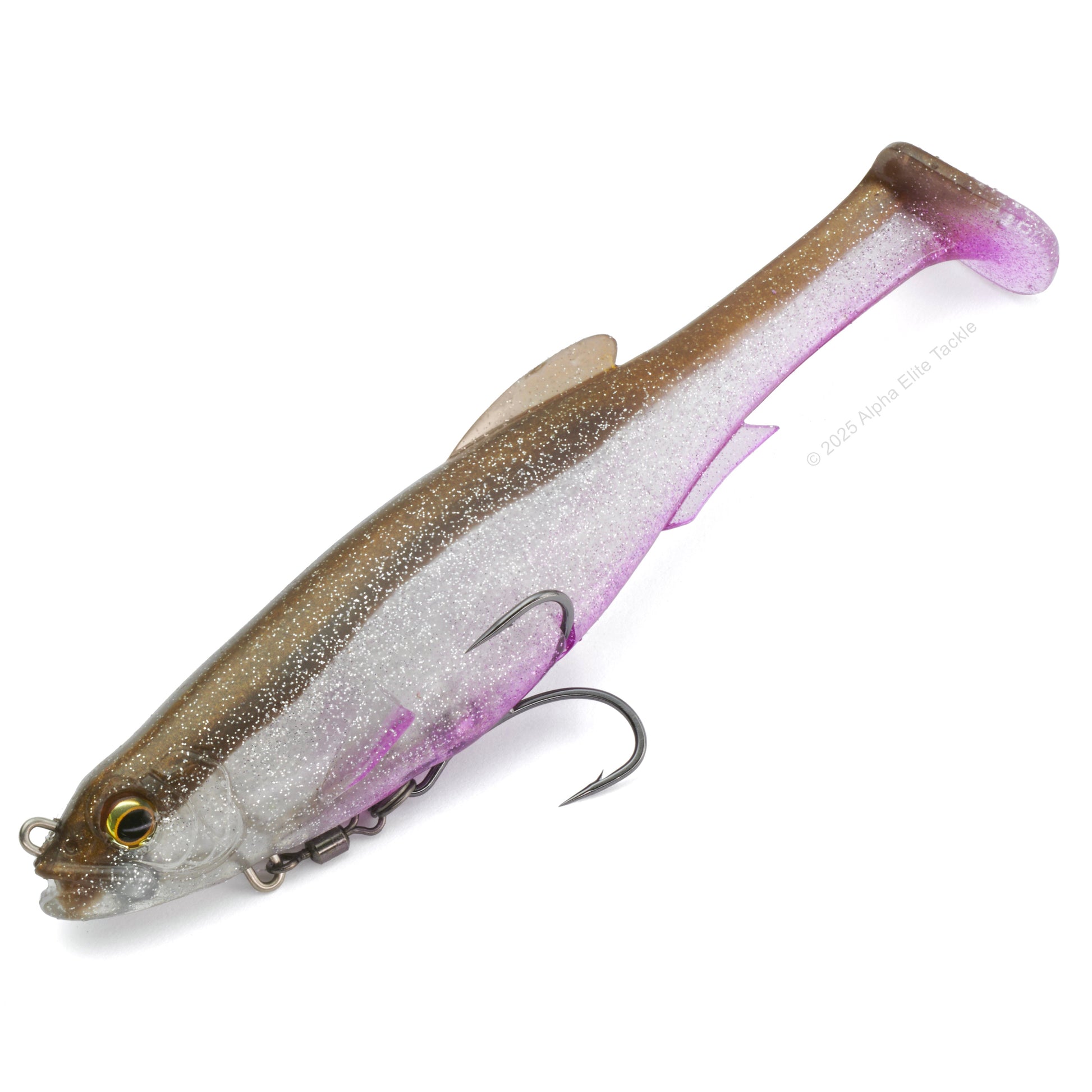 Close up of the Megabass Magdraft in the color Wakasagi on a white background