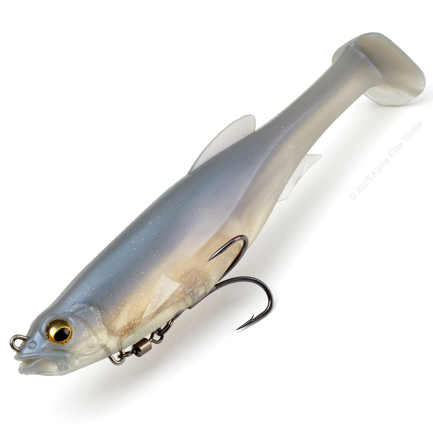 Close up of the Megabass Magdraft in the color White Back Shad on a white background