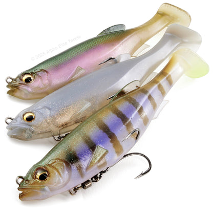 Close up of three Megabass Magdrafts on a white background