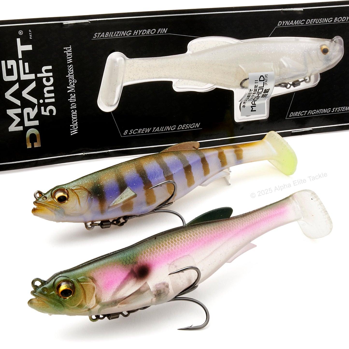 Close up of three Megabass Magdrafts and packaging on a white background