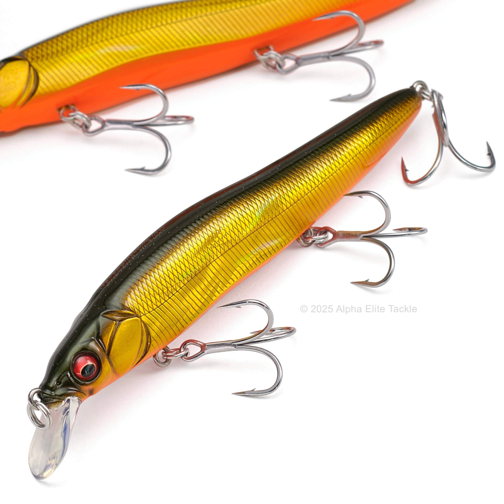 Fishing lures with multiple hooks on a white background