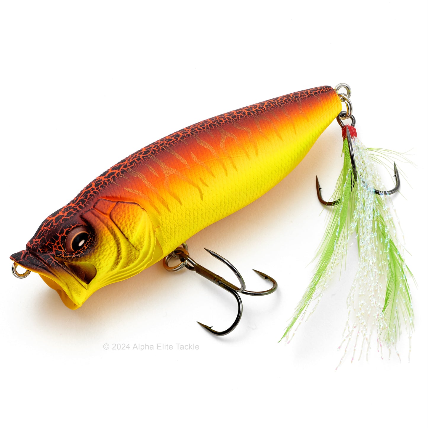 Close up of the Megabass Popmax Topwater Popper in the color AKA Tora on a white background