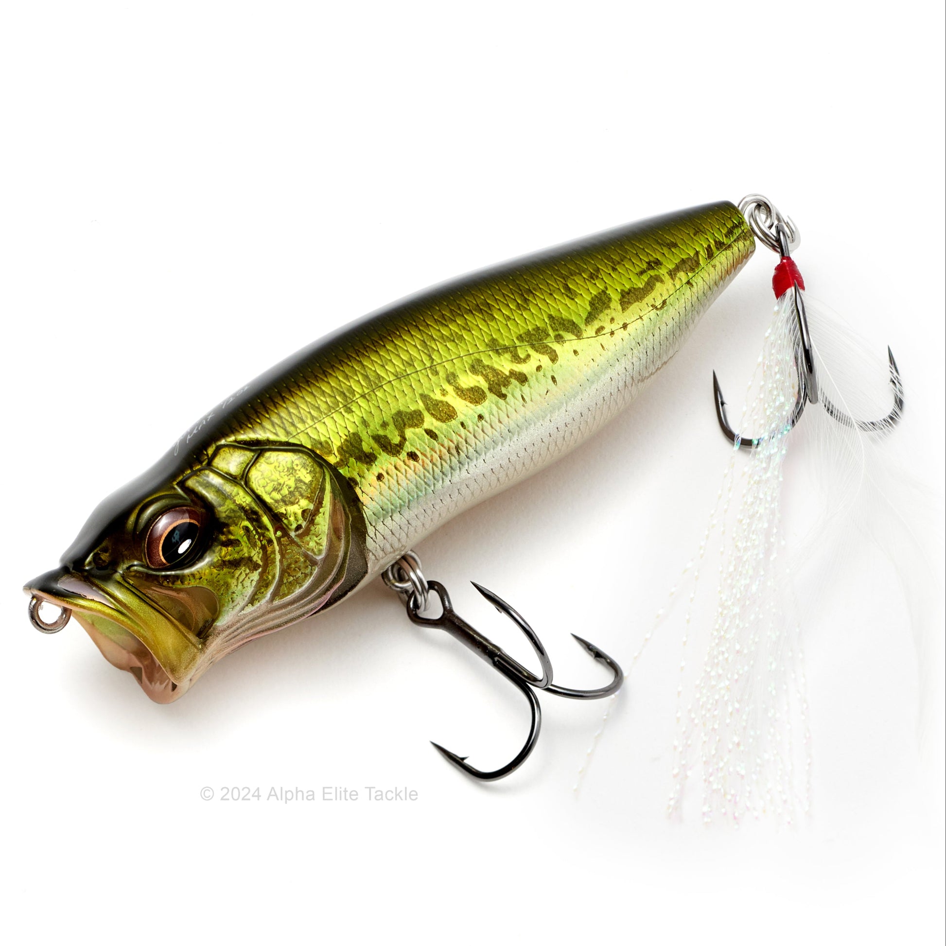 Close up of the Megabass Popmax Topwater Popper in the color GG Bass on a white background