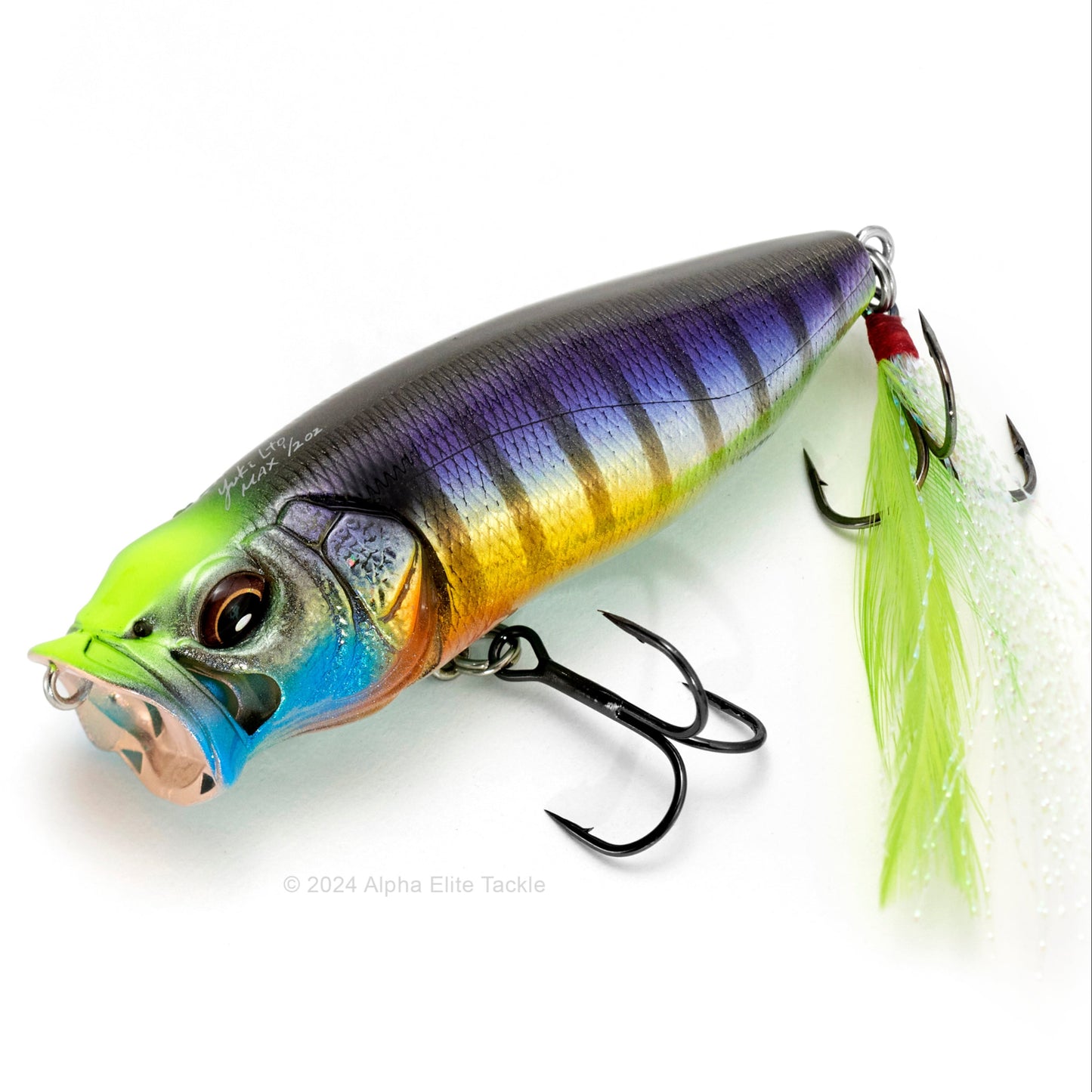 Close up of the Megabass Popmax Topwater Popper in the color GG Wild Gill on a white background