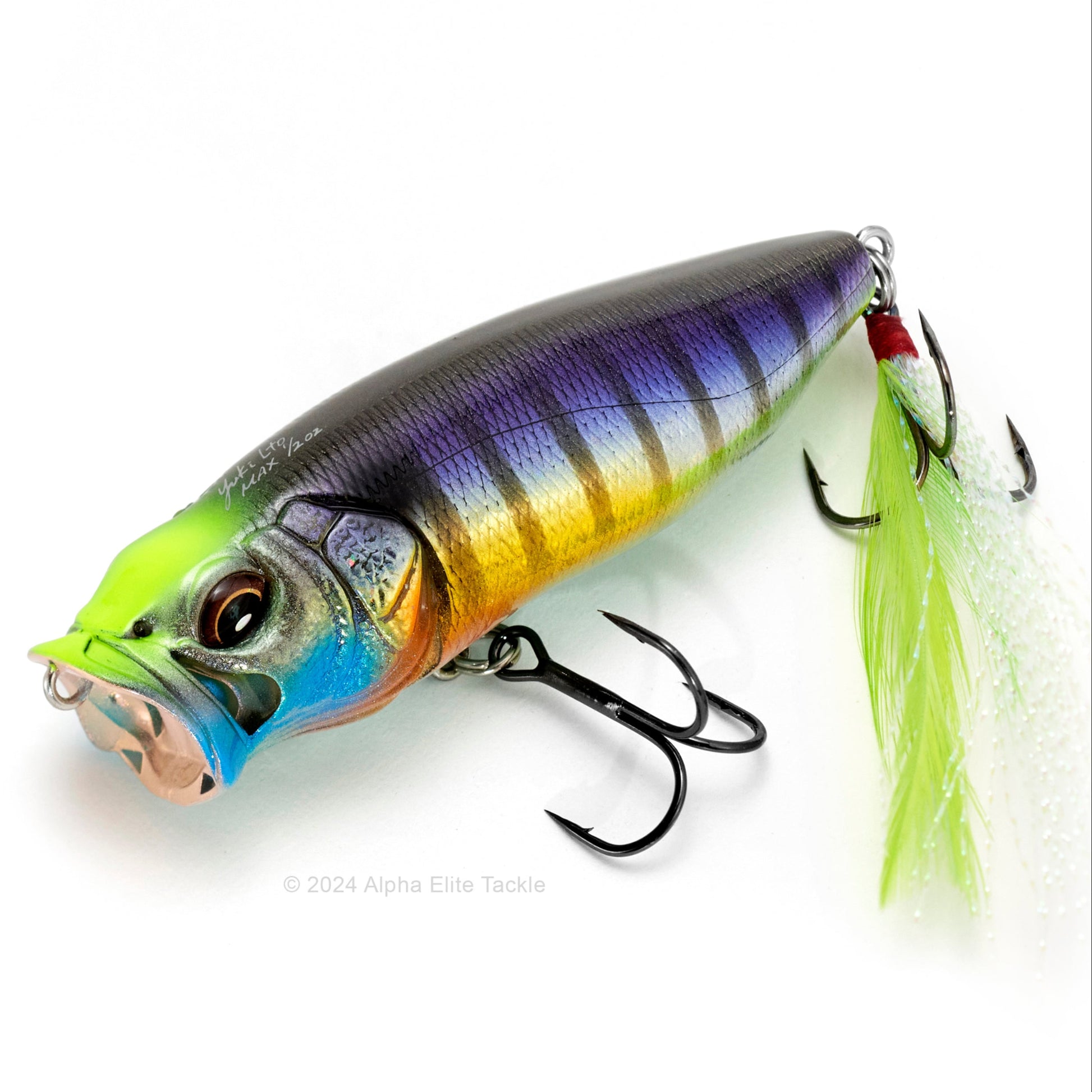 Close up of the Megabass Popmax Topwater Popper in the color GG Wild Gill on a white background